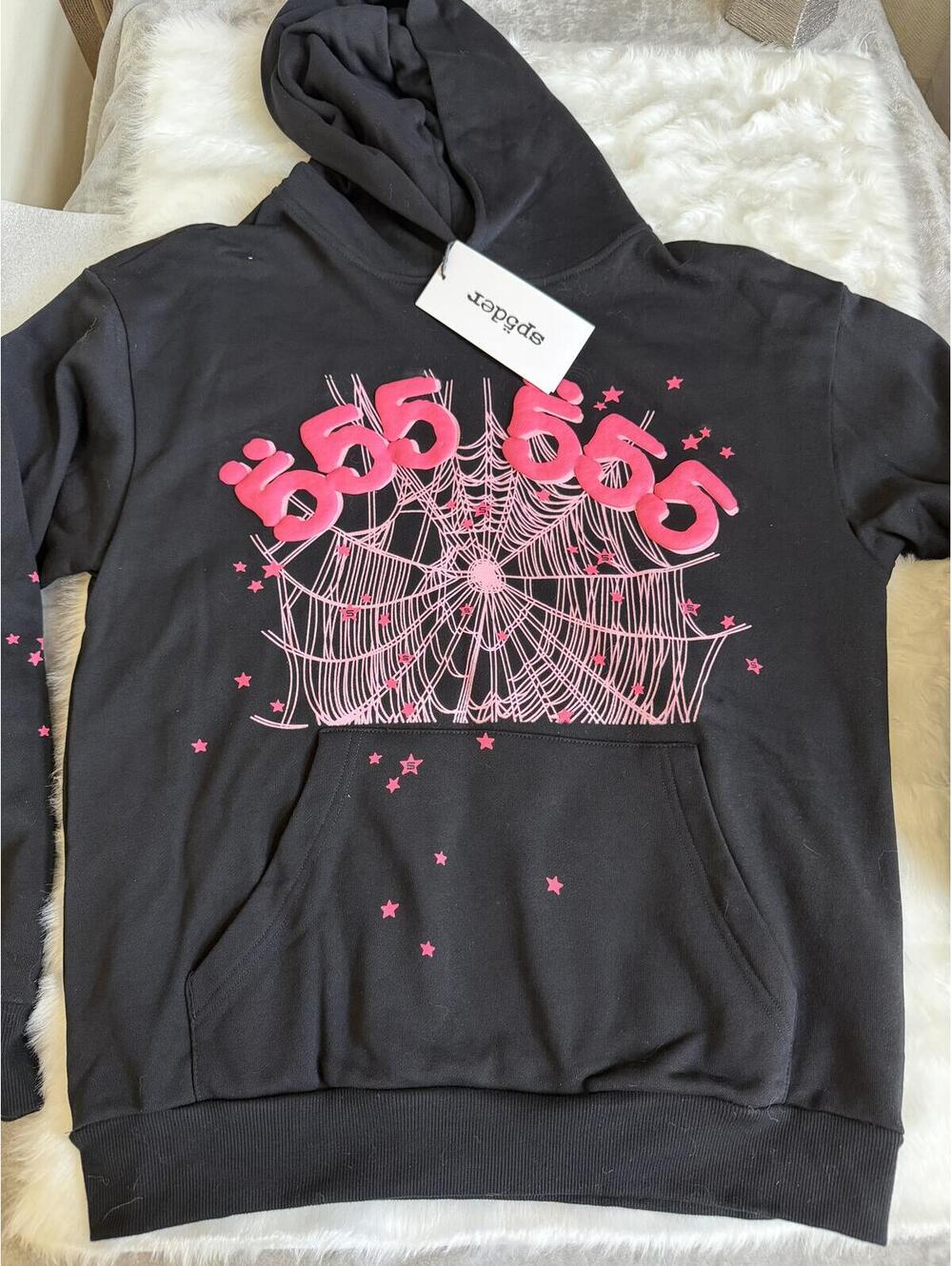 Sp5der Black Pink Web Graphic Pullover Hoodie Size Medium